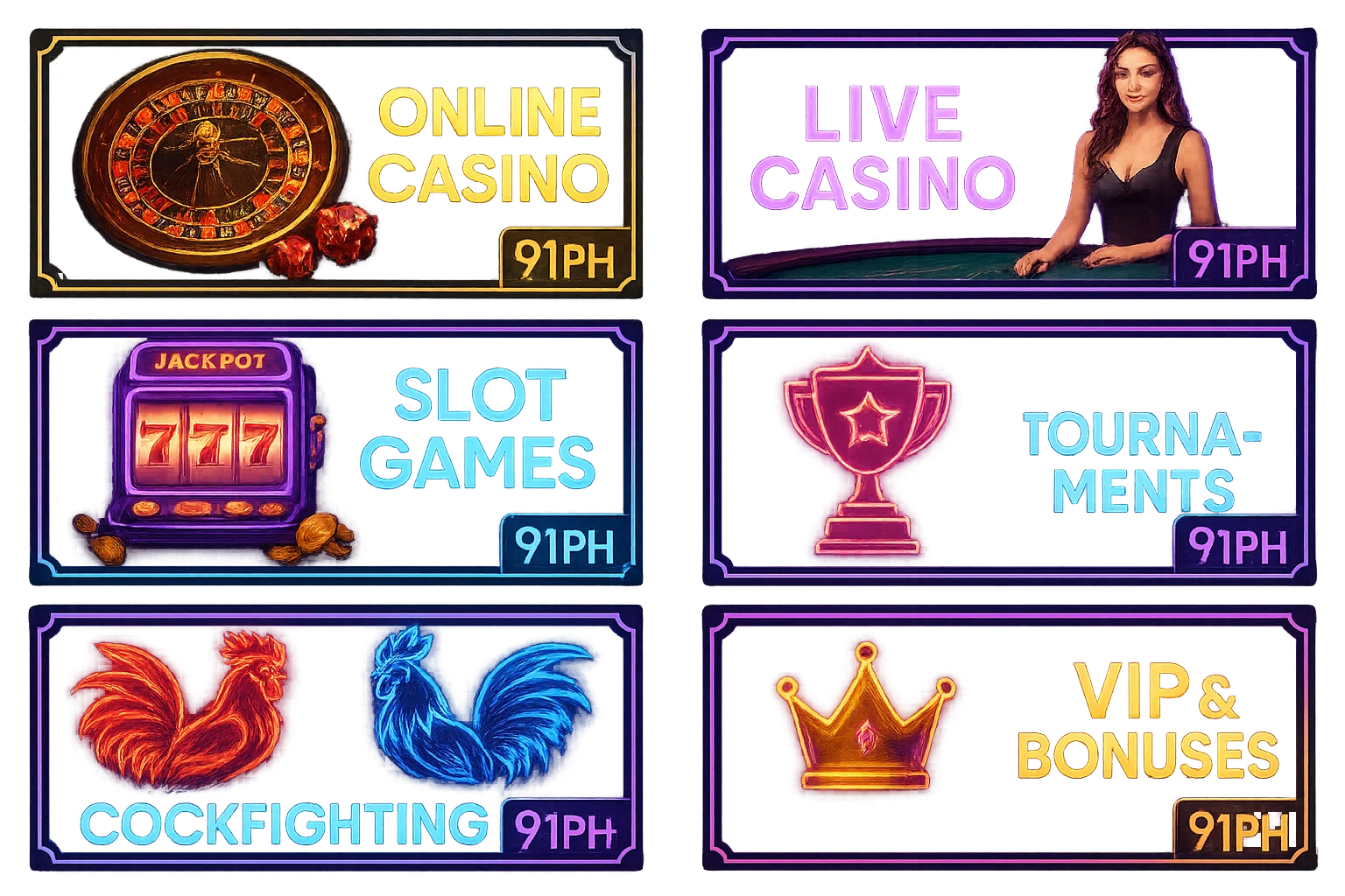 91PH top 6 most popular game lobbies including live casino, sports betting, sabong, fishing games, slots, and arcade